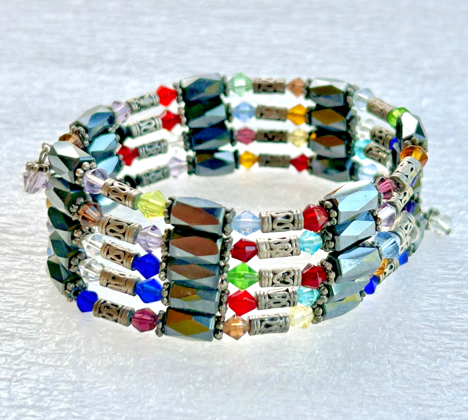 VINTAGE COIL WRAP BRACELET MAGNETIC HEMATITE, MULTI-COLOR & SILVER TONE BEADS