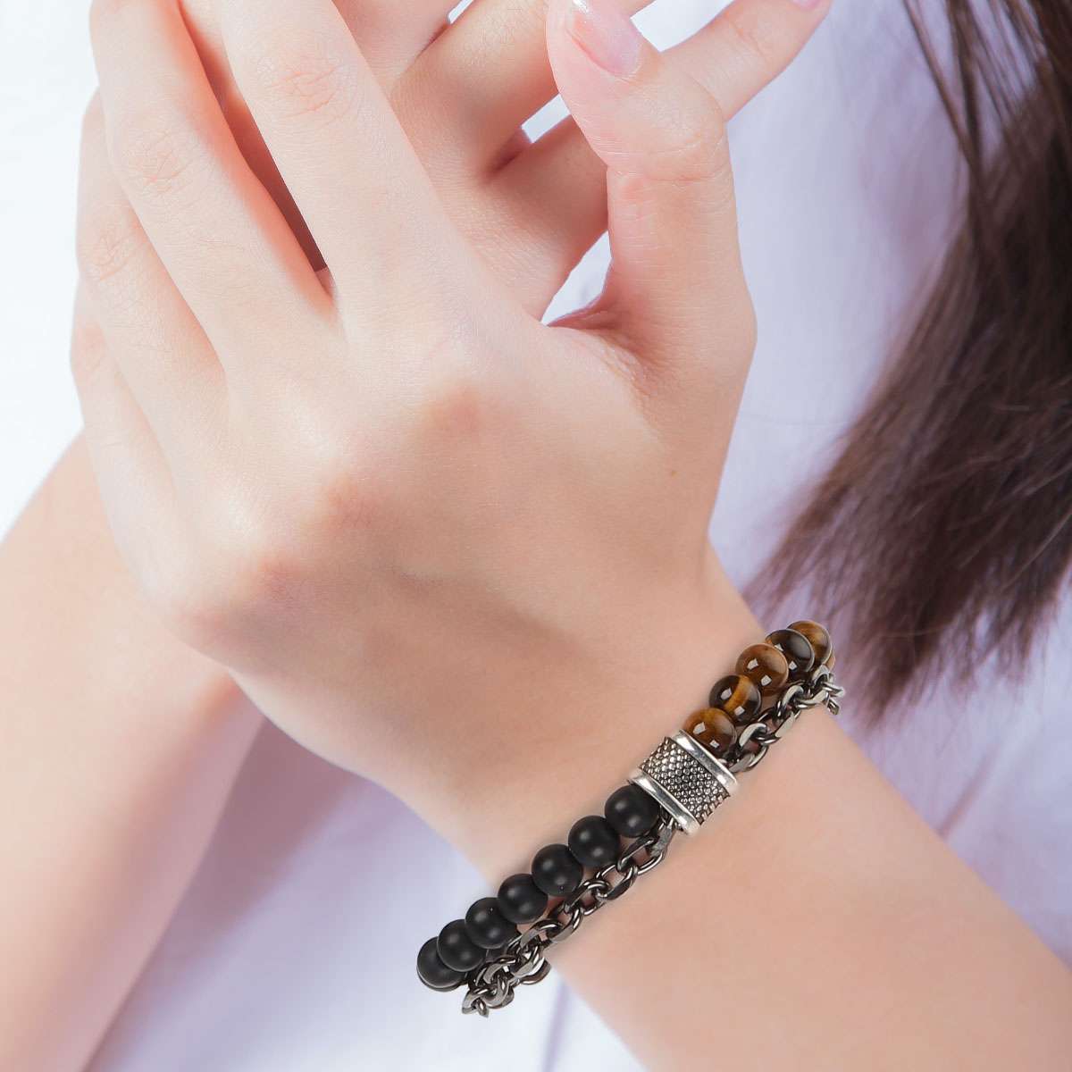 Stainless Steel Bracelets Natural Map Stone Men’s Women Beaded Tiger Eye Jewelry