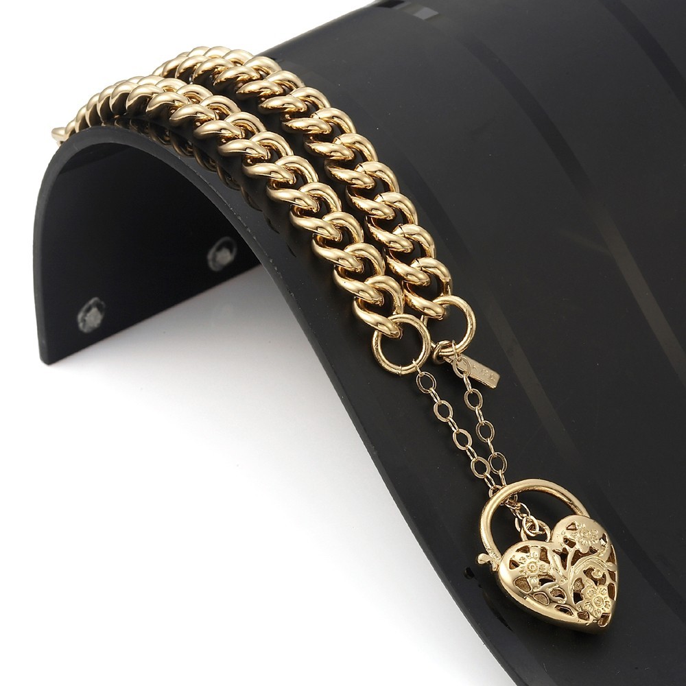 18K GL Solid Curb Gold Bracelet with Filigree Heart Padlock