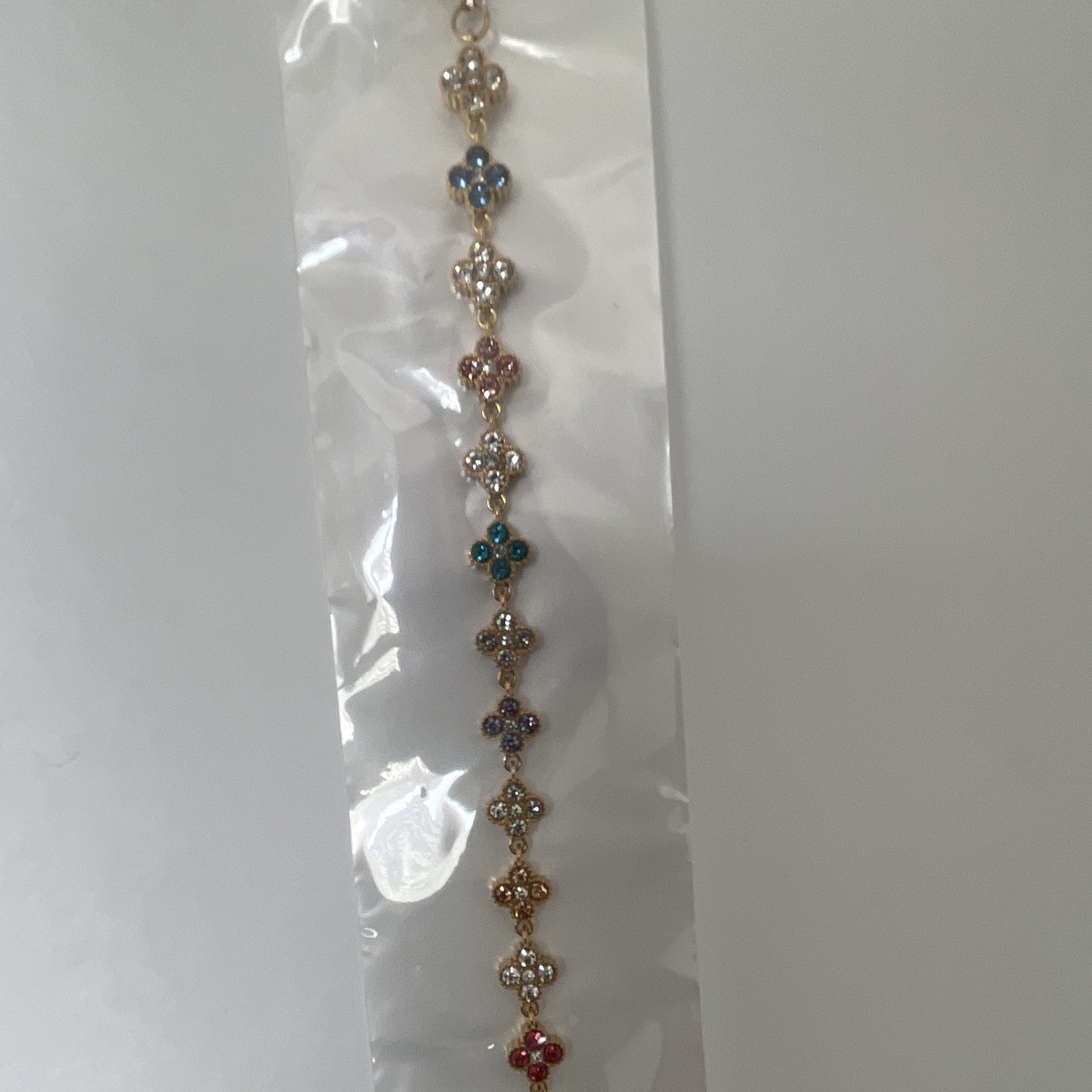 Gold Tone Multicolor Crystal Flower Link Chain Bracelet with Dangle Charm