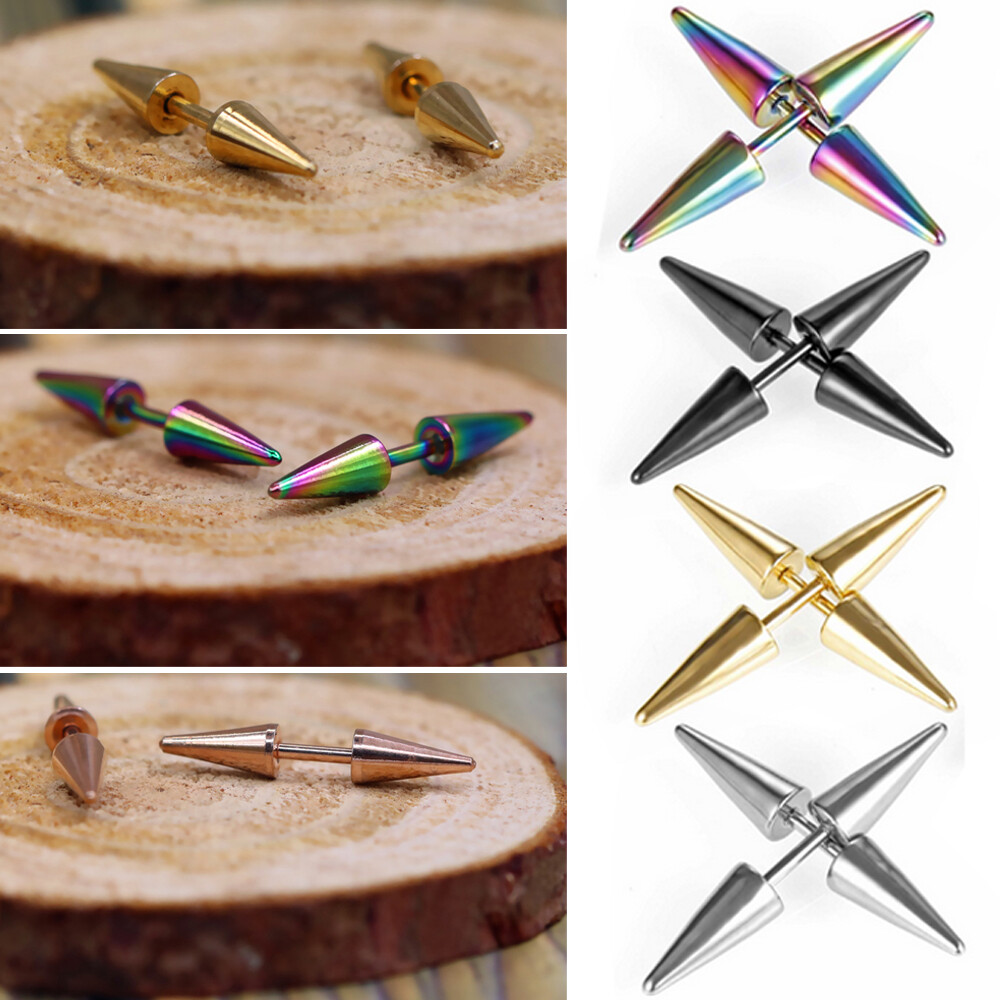 2Pcs Stainless Steel Stud Earrings Spike Rivet Screw Back Ear Piercing Women Men