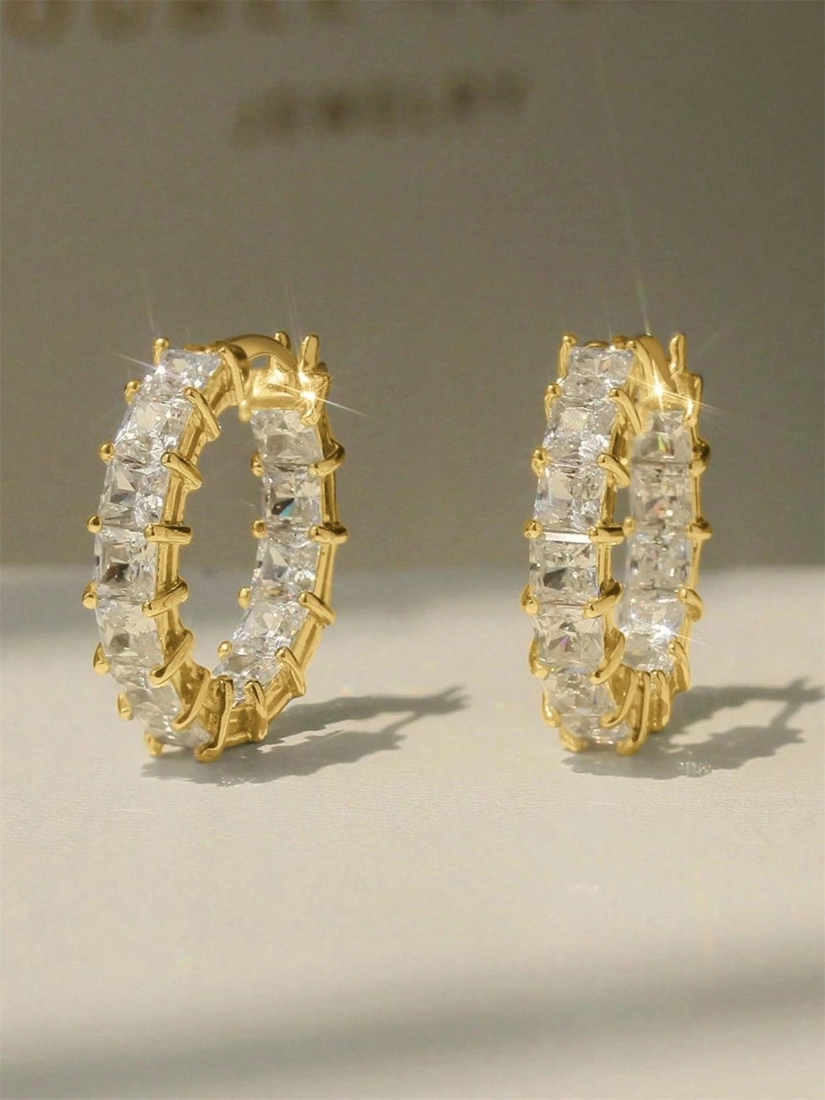 Gold & Silver Tone CZ Princess Cut Eternity Hoop Earrings Cubic Zirconia 20mm