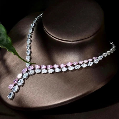 18K White Gold Filled Lab-Created Pink Sapphire Necklace Earring Set Bridal Gift