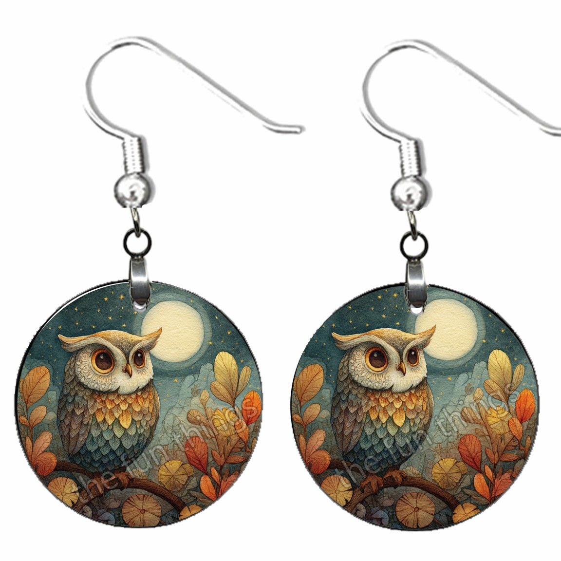 Whimsical Full Moon Autumn Owl Dangle Earrings Wood Owl Lover Fashion Jewelry