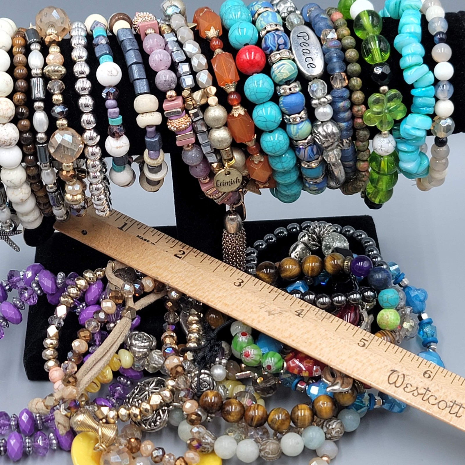 Beaded Stretch Bracelet Lot of 36 Mixed Styles Stone Crystal Glass Acrylic