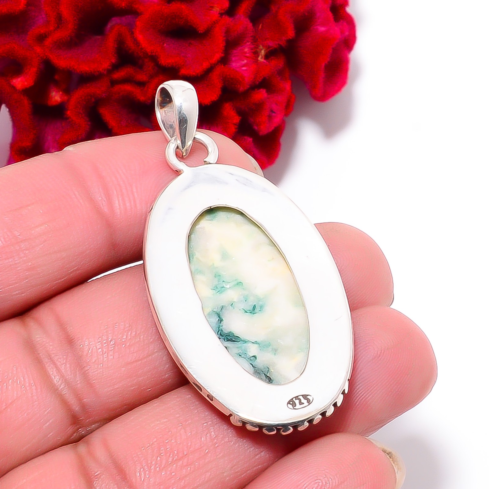 Moss Agate – India Designer Handmade 925 Sterling Silver Pendant 2.07″ P96673