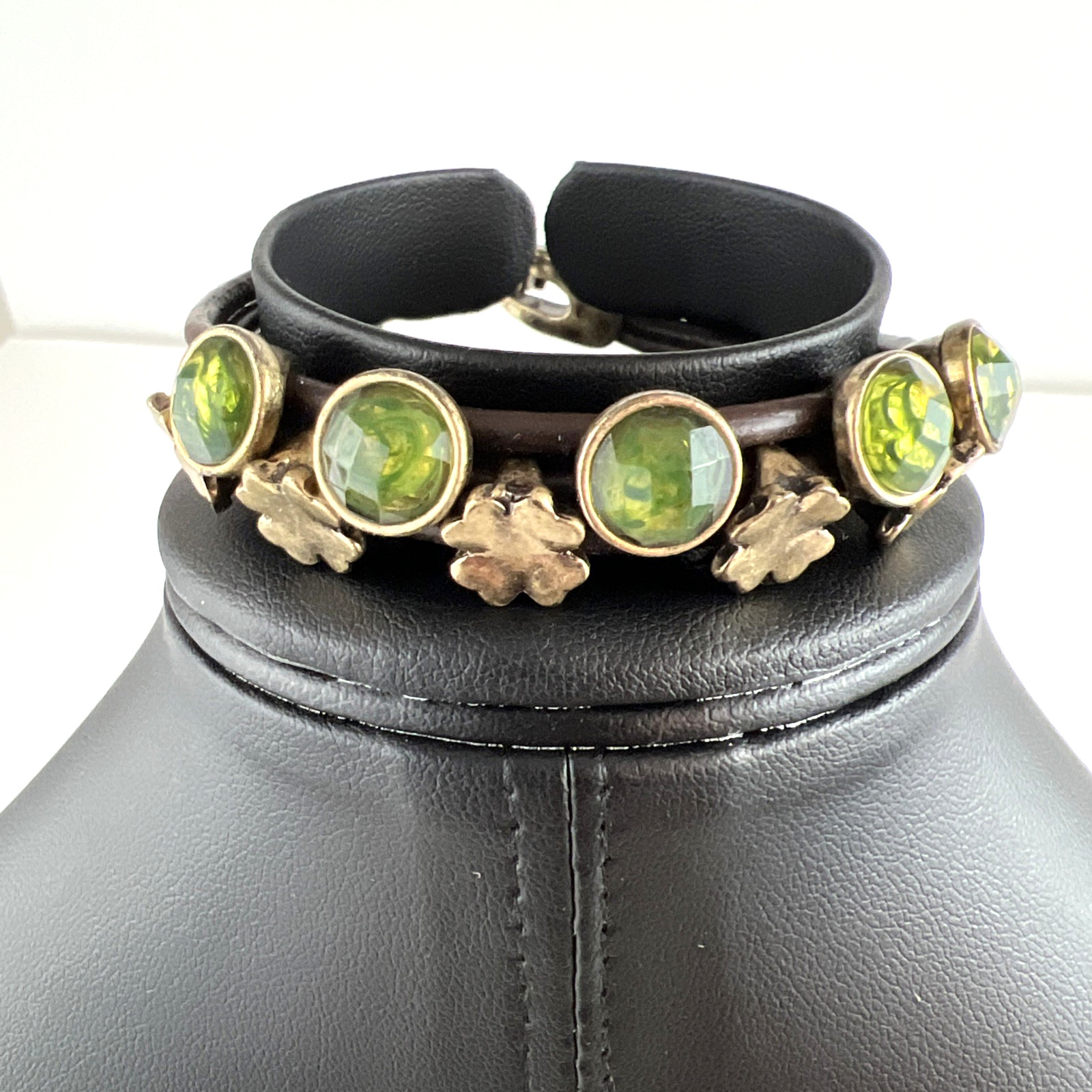 Fossil Bracelet With Green Stones And Clover Leaves For St Patrick Celebration