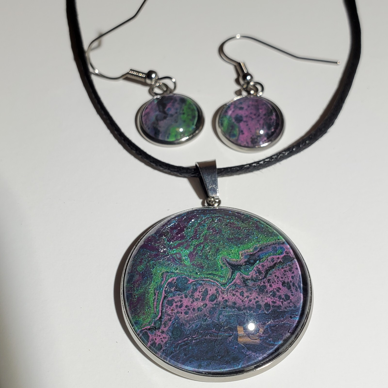 Necklace and Earrings Set, Acrylic Paint Pour Painting Jewelry, A14