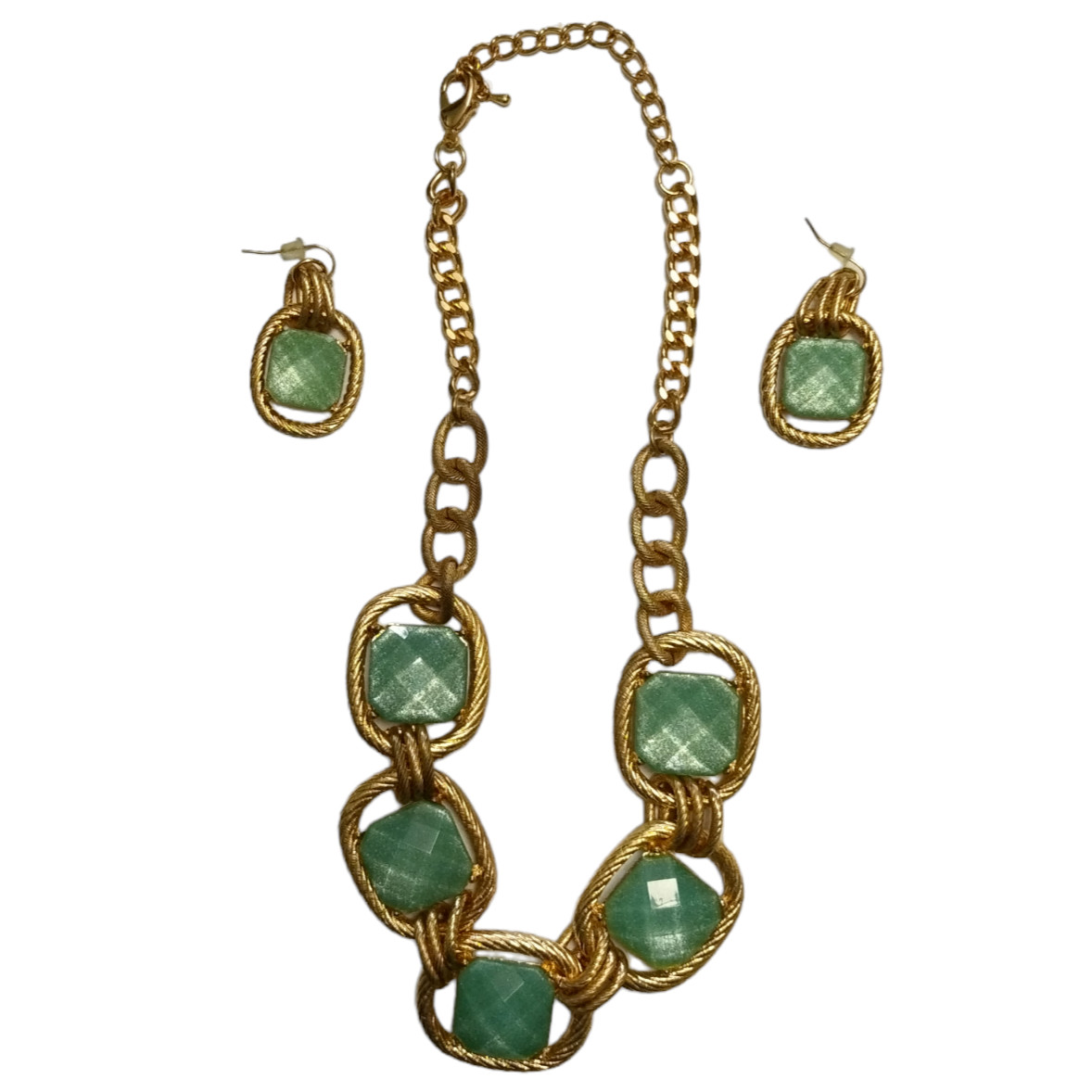 Vintage Chunky Necklace Earring Set Mint Green Faceted Lucite Gold Tone Metal