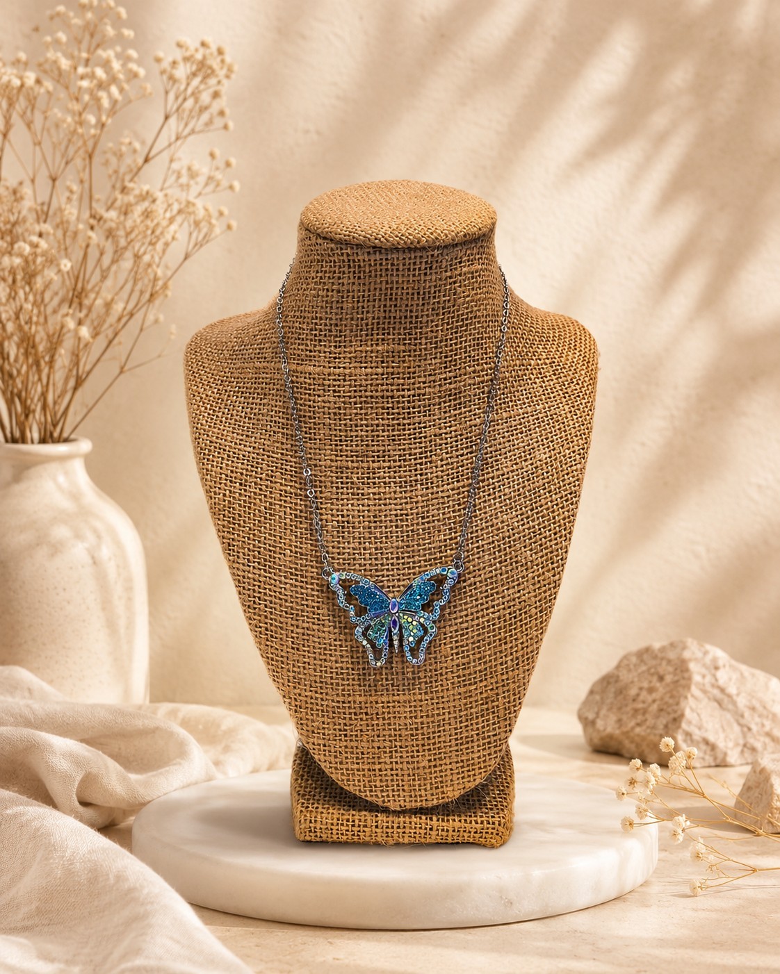 Blue Rhinestone Butterfly Pendant Necklace Silver Tone With Iridescent Crystals
