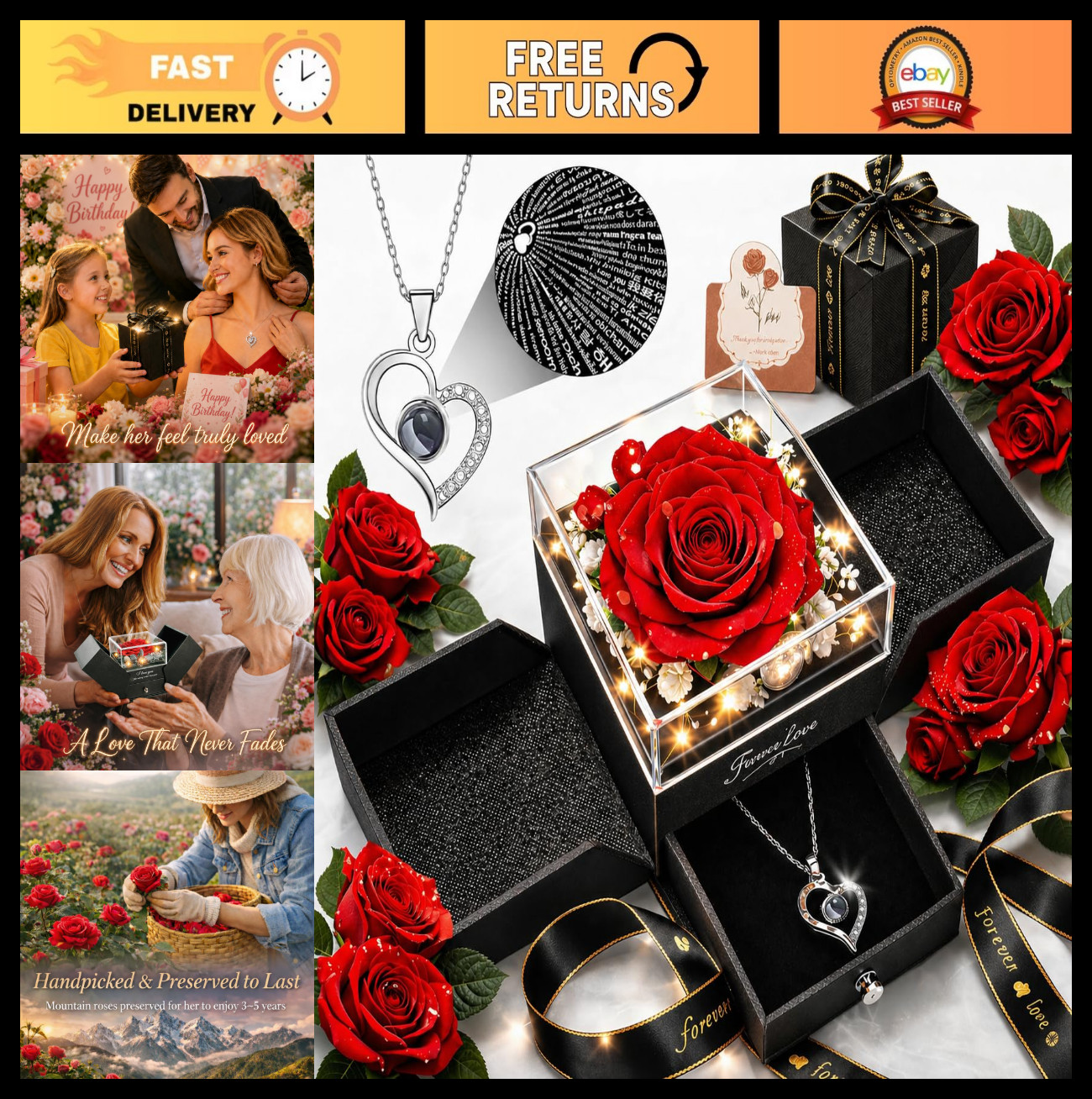 Real Preserved Rose with Heart Necklace – Unique Gifts for Mom, Wife, Anniversar