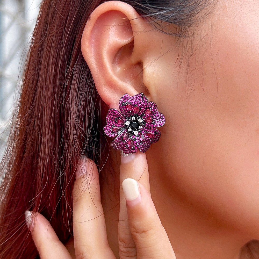 5A Cubic Zirconia Flower Stud Earrings Women Rose Red Crystal Floral Earrings We