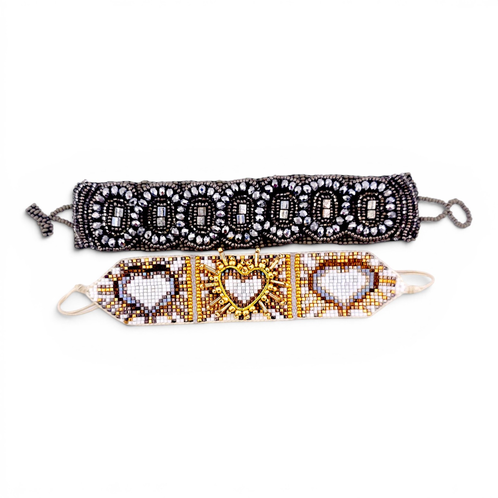 2 Handwoven Miyuki & Czech Glass Bead Adjustable Bracelets Lot Black Gold White
