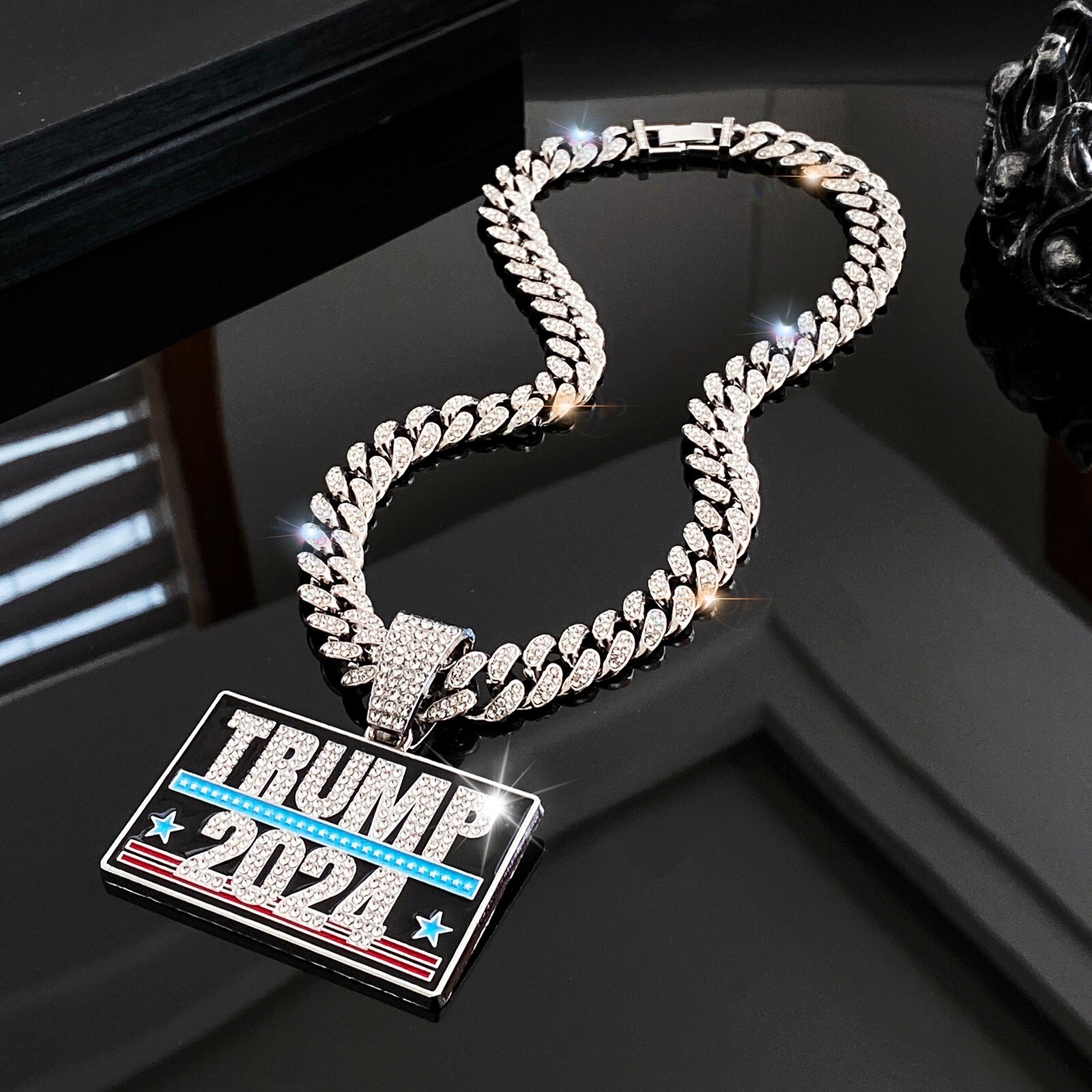Trump 2024 GEM NECKLACE Gold/Silver Bling Hip Hop Pendant & 24” Chain MAGA