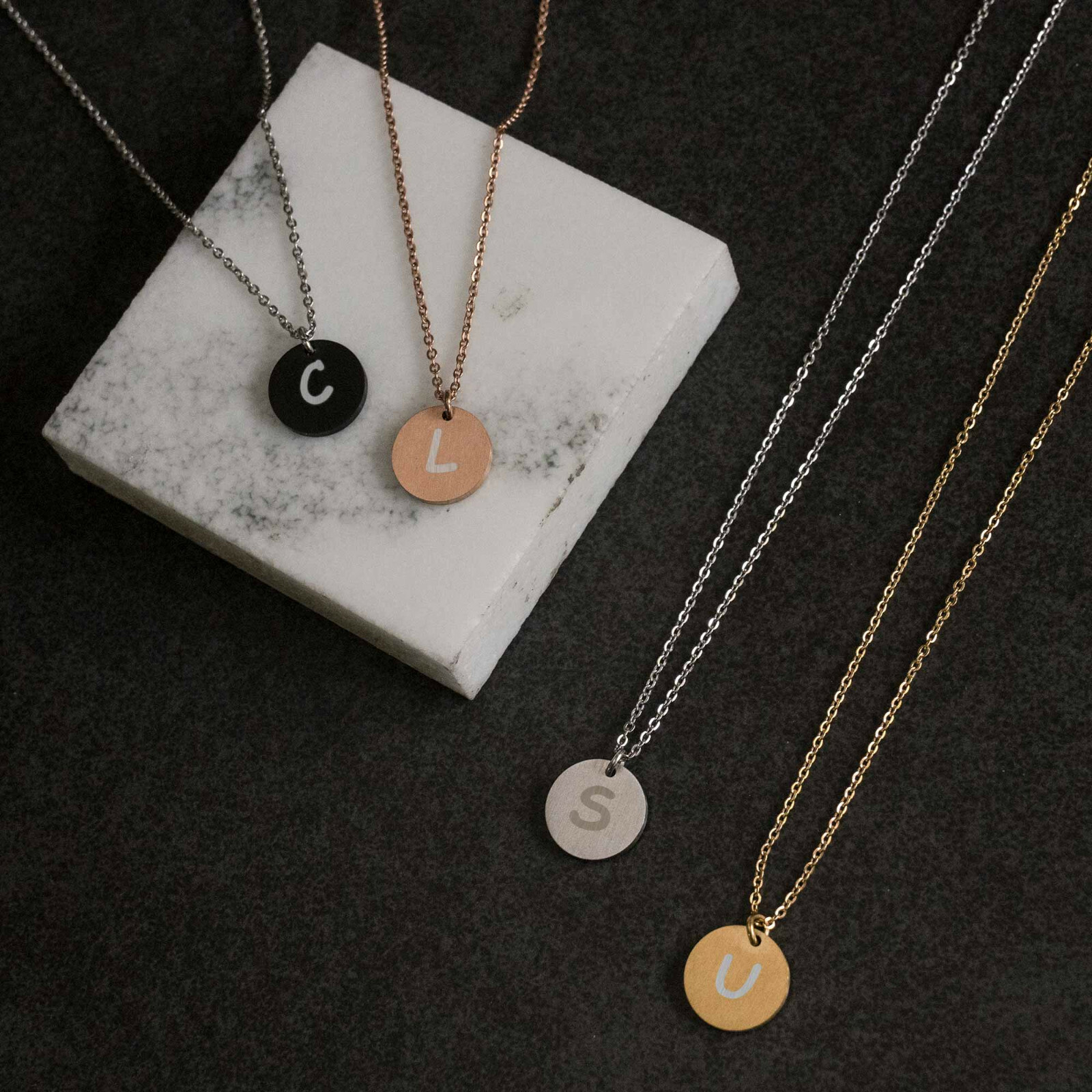 Engraved Silver Metal Initial Letter Disc Pendant Chain Necklace 18.5in-2.5in
