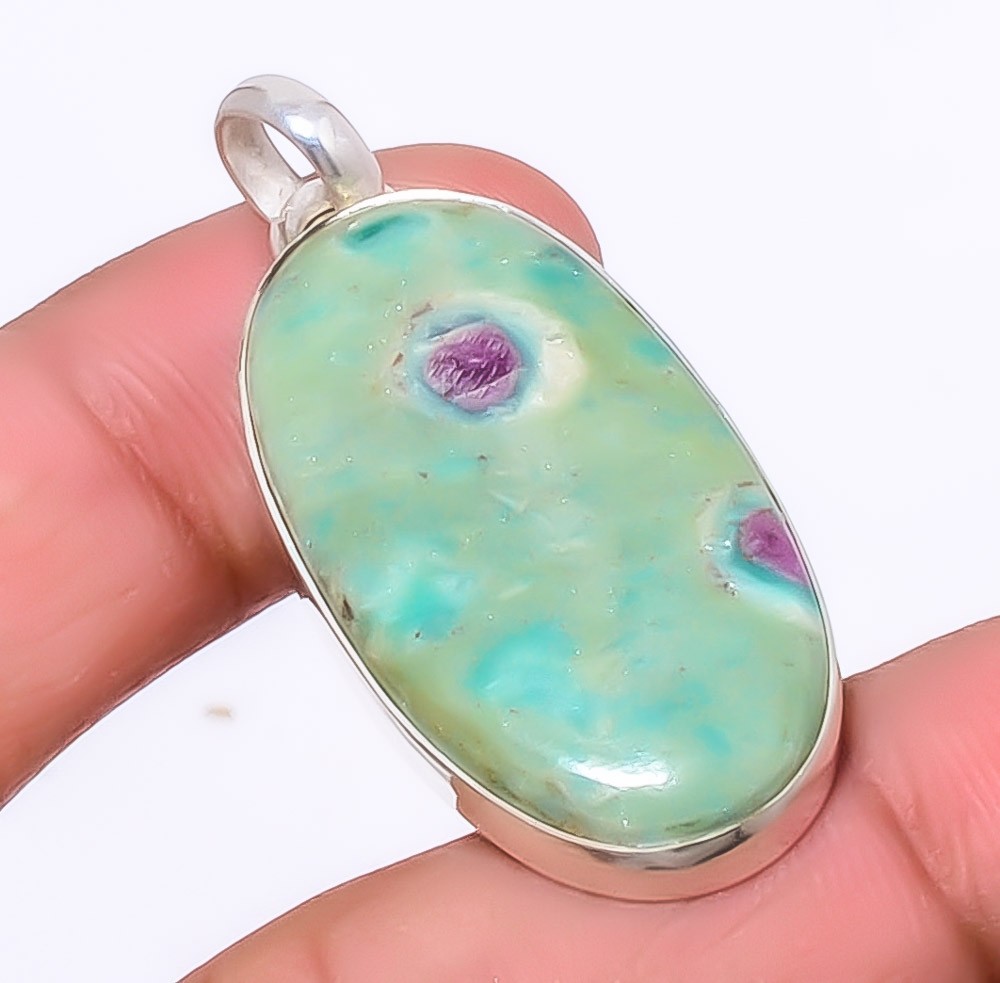 Ruby In Fuschite- India Gemstone Simulated 925 Sterling Silver Pendant 1.95″ A35