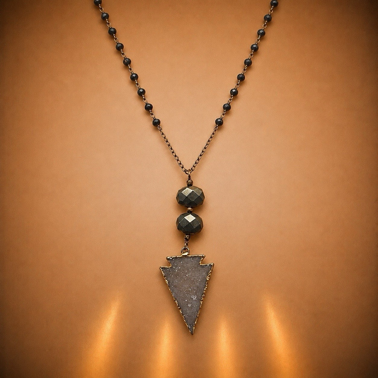 NEW Designer Druzy Arrowhead Necklace Hematite Beaded Chain Boho Statement Piece