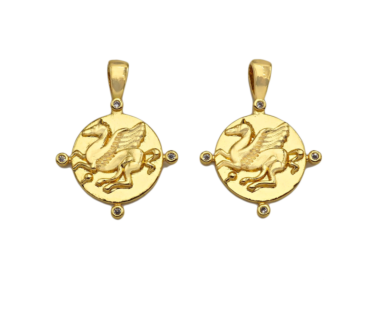 18K Dainty Gold Embossment Pegasus On Round Coin Shape Pendant/Charm, Medallion