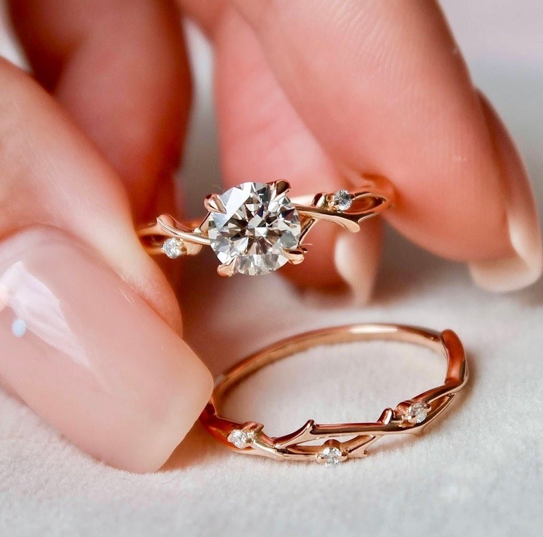 1.0 CT Round Cut Twig Branch Rose Gold Plated Silver Engagement Ring Set
