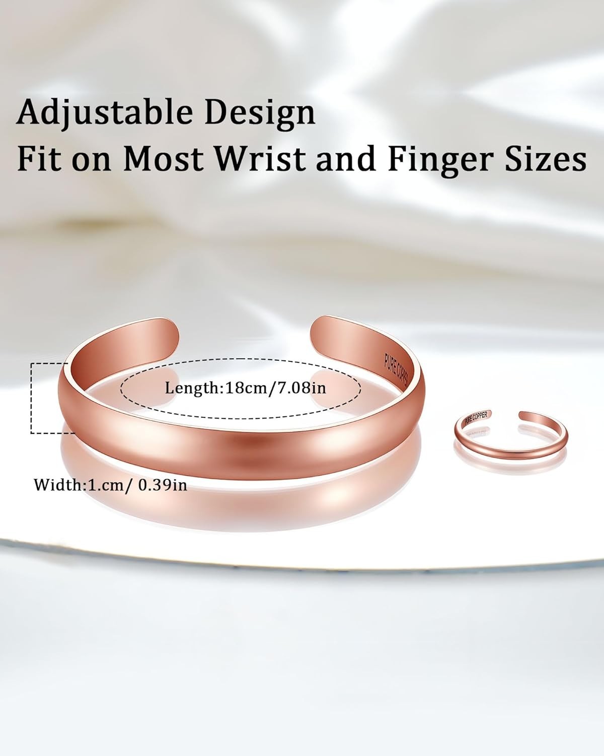 99.9% Pure Copper Bracelet & Ring Set – Adjustable, Elegant Gift for Women