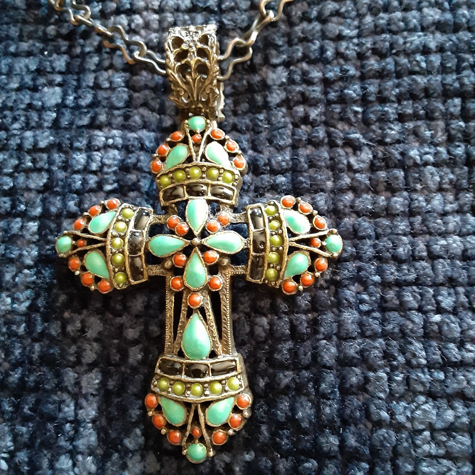 Sweet Romance Mayan Dimensional Cross Necklace Glass Beads & Stones NEW