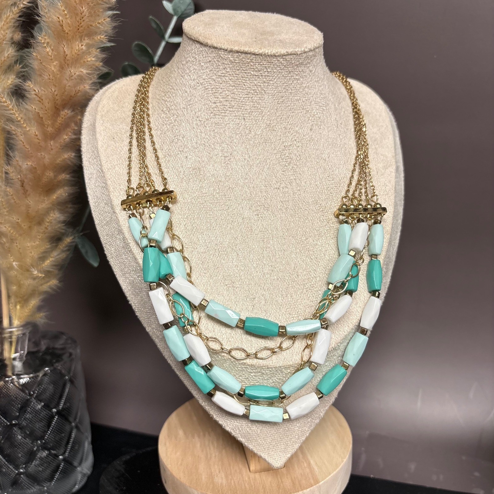 New York & Company Teal & White Necklace | Gold Tone Chain | Rectangle Acrylic