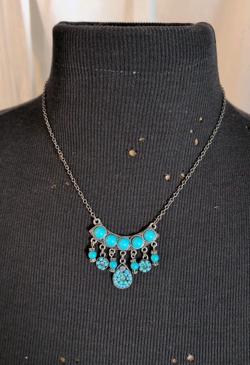 Artisan Faux Turquoise Stone Silver Necklace Delicate Boho 10″