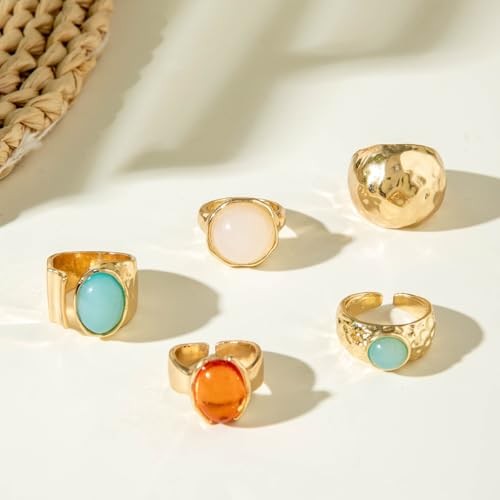 Chunky Gold Gemstone Ring Set for Women Adjustable Stackable Statement A-Gold