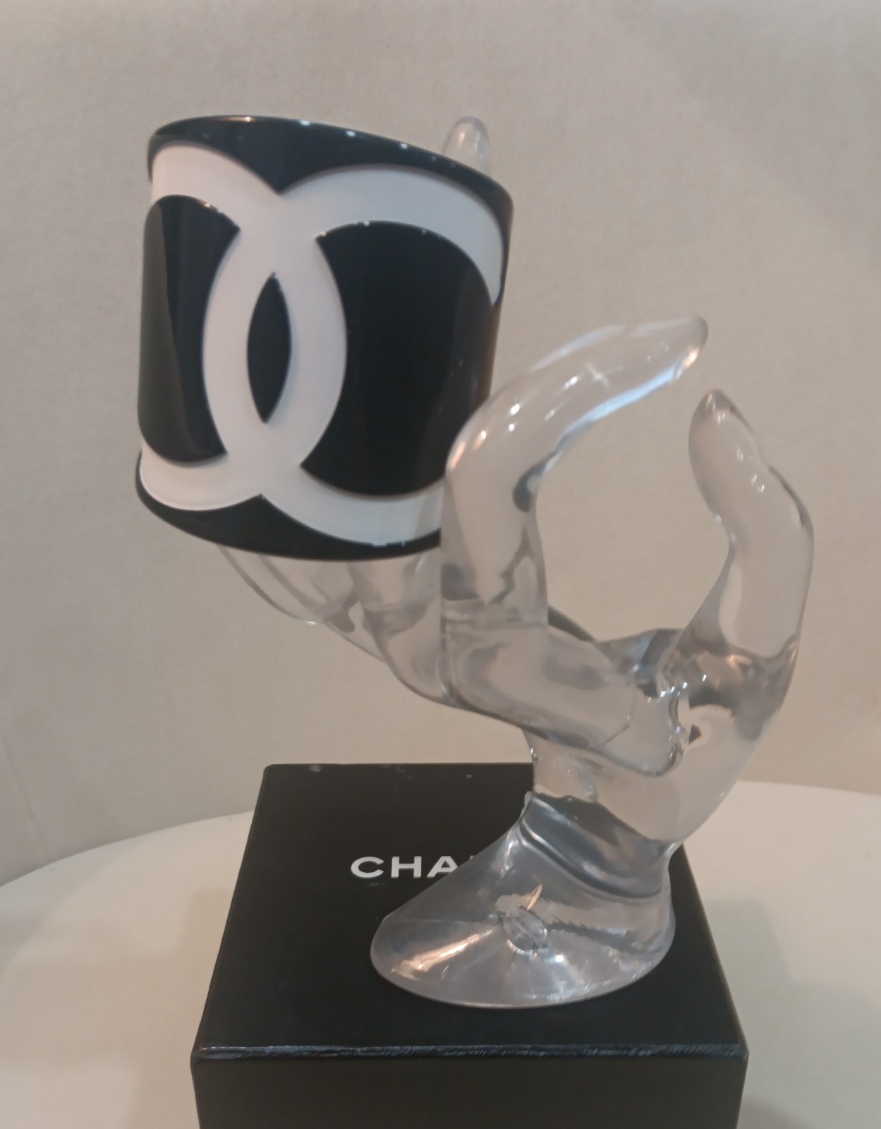 Vintage CHANEL CC Logo Black White Resin Wide Cuff Bracelet With Original Box