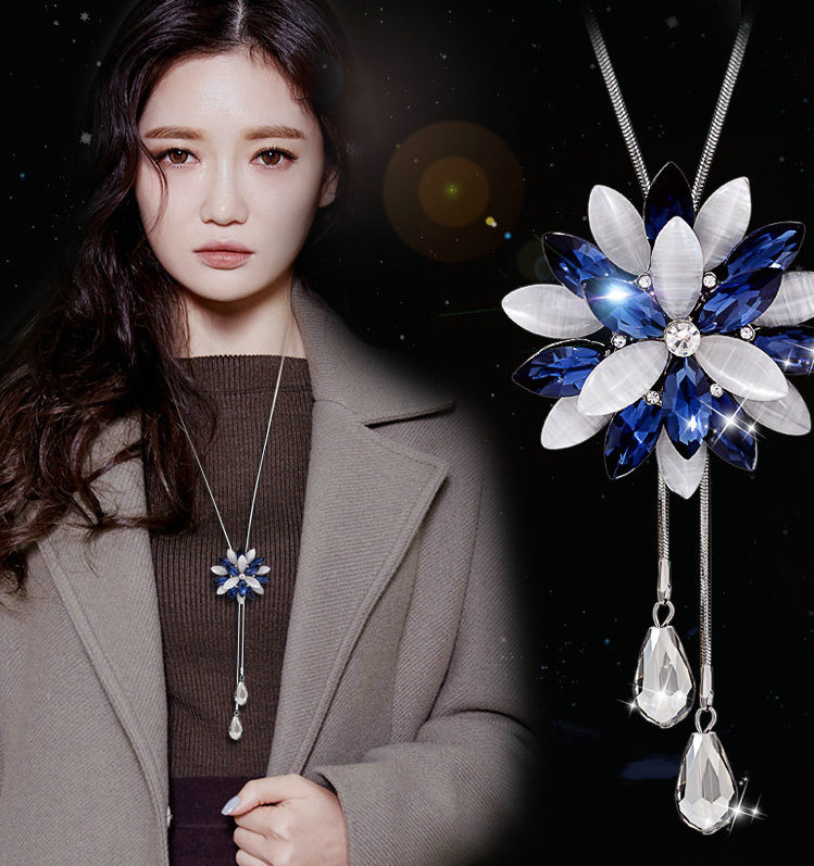 New Women Long Silver Tassel Cluster CZ Flower Pendant Necklace Chain Sweater SC