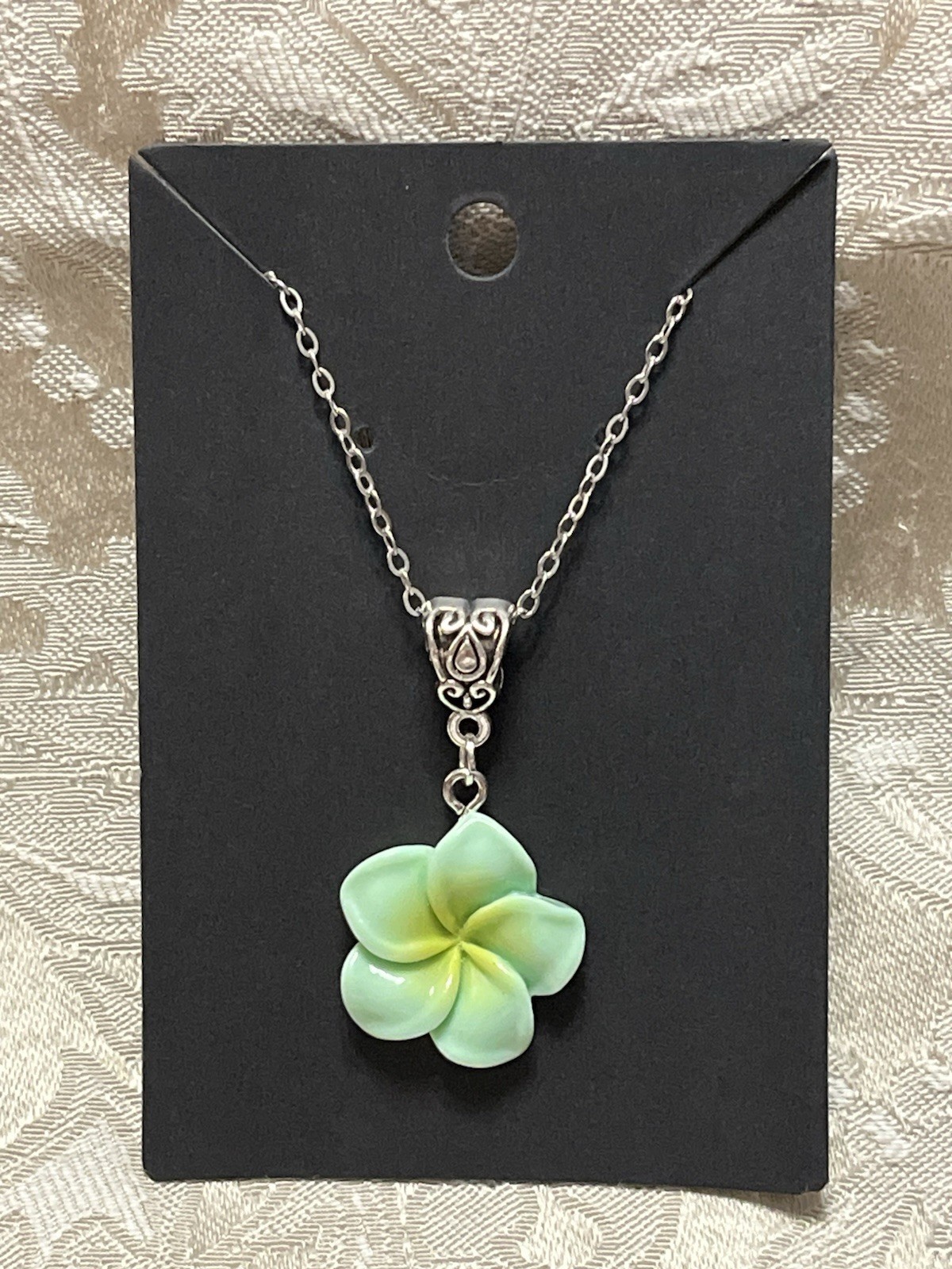Green Floral Camellia Flower Resin Pendant Silver 18” Necklace Boho Fashion