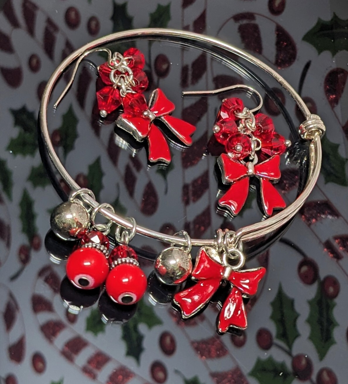 Christmas Bracelet Bangle Earring set Red Bow Gift Teen Woman