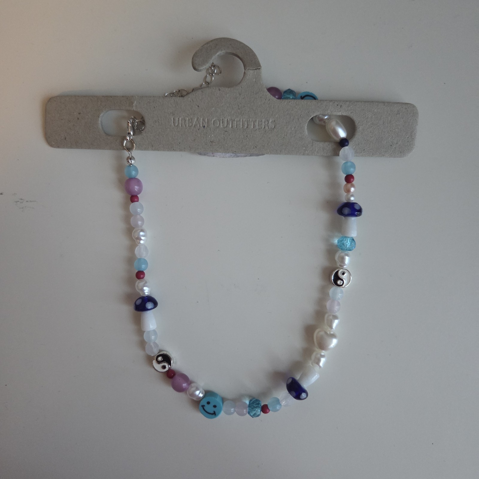 NWT! Urban Outfitters Beaded Blue Mushroom, Yin-Yang, Smiley Face Necklace