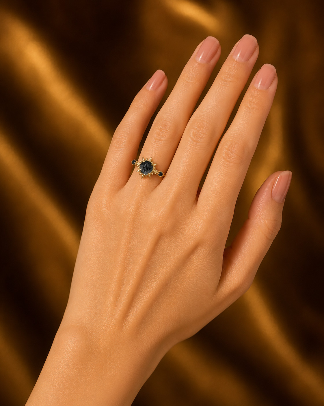 Black Rutilated Quartz Ring, Brass Gold Alloy , Birthday Gift Her, Women Ring