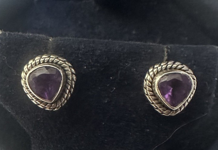 Sterling silver and Purple Amethyst Trillion Bezel Set stud earrings