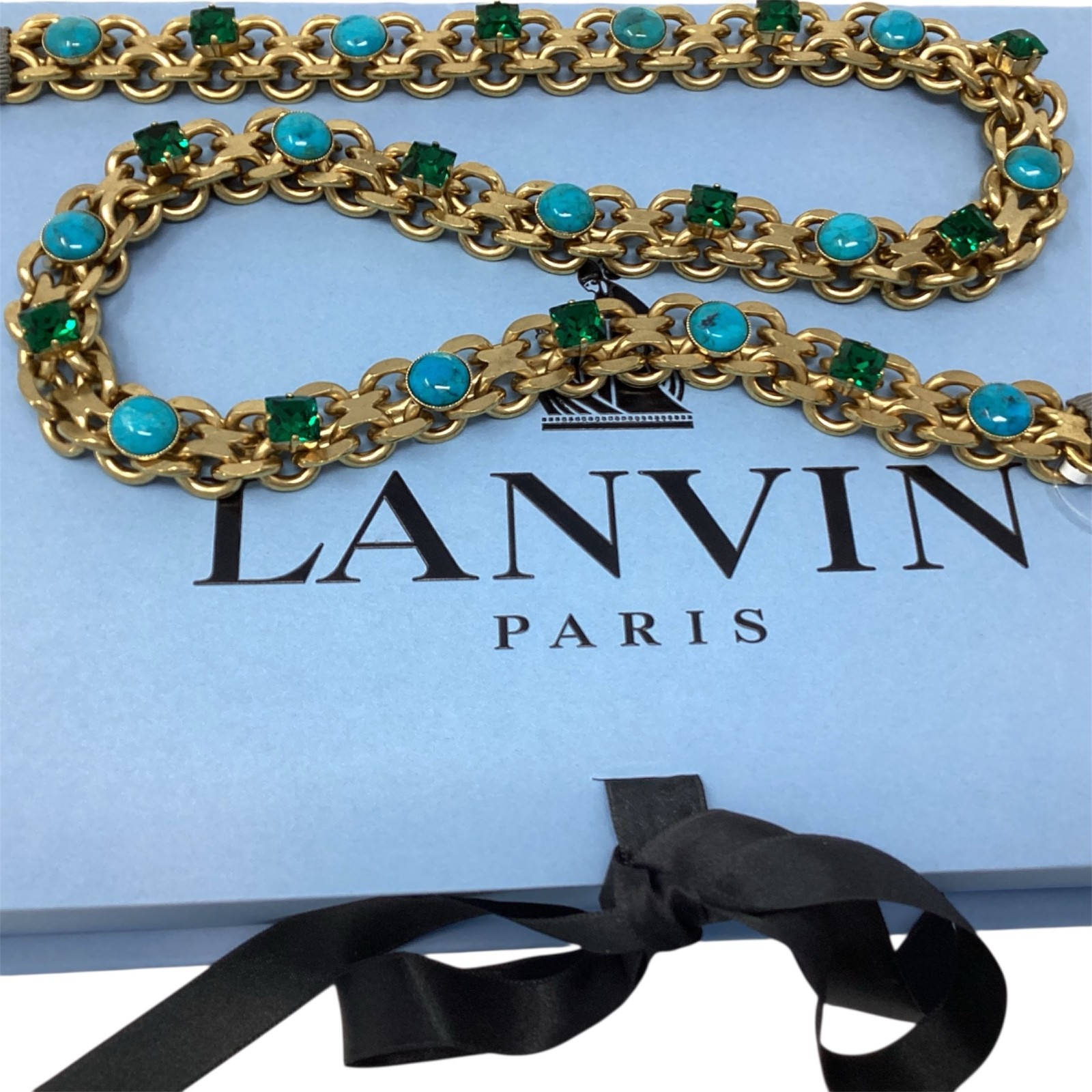 Lanvin Paris Long Necklace / Belt Gold-Tone Turquoise & Green Crystal New + Box