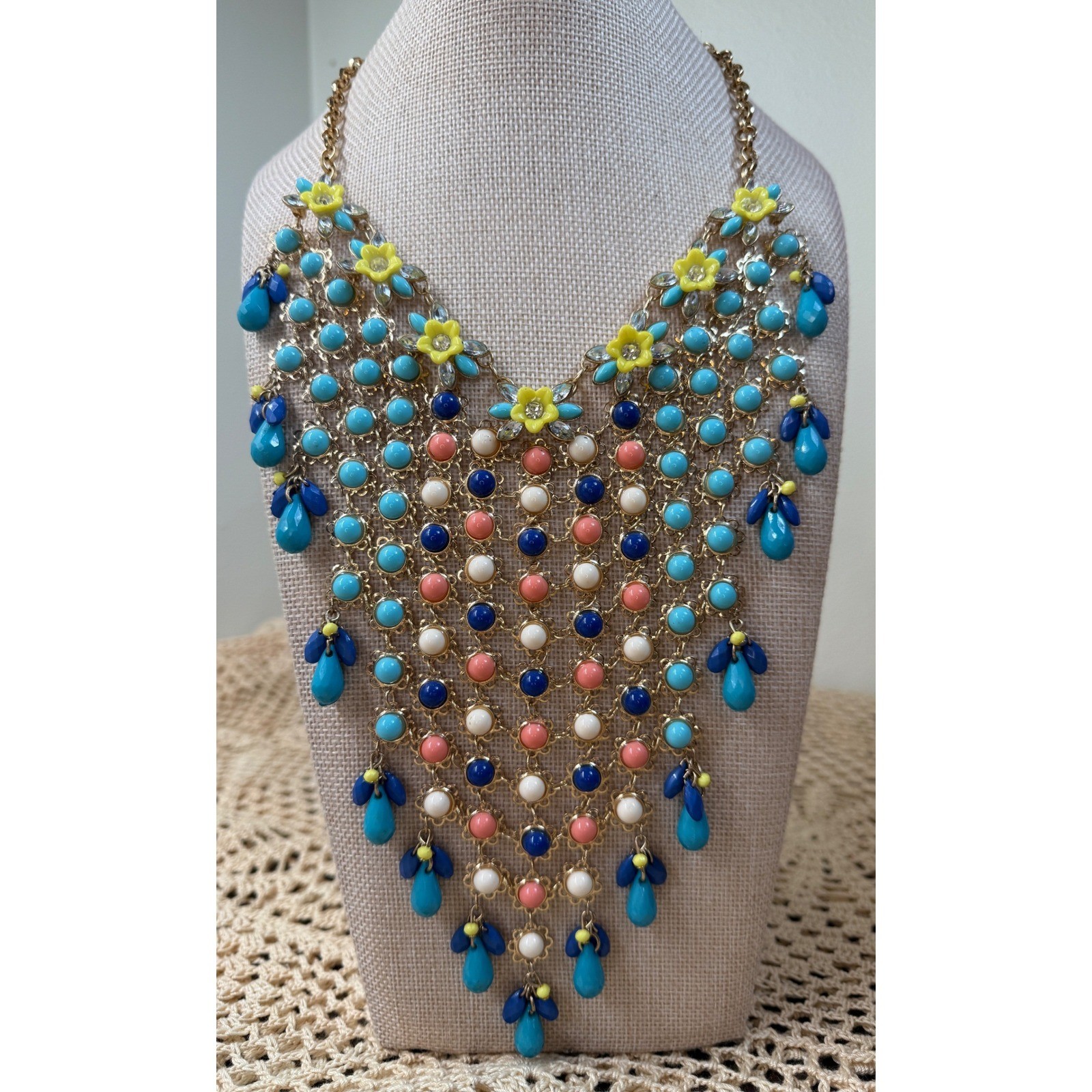 Colorful Floral Bib Statement Necklace Gold Tone Blue Pink Cabochon Beads 14in