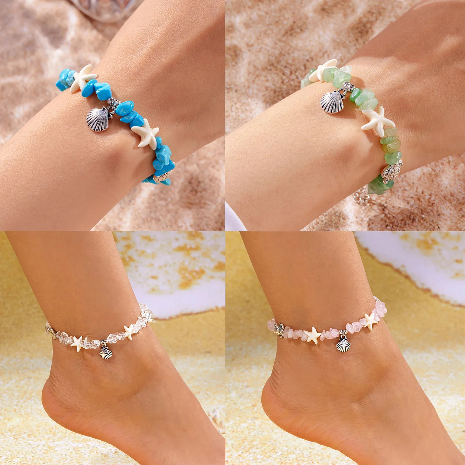Summer Beach Stone Chain Anklets for Women Boho Turtle Starfish Shell Charm Ankl