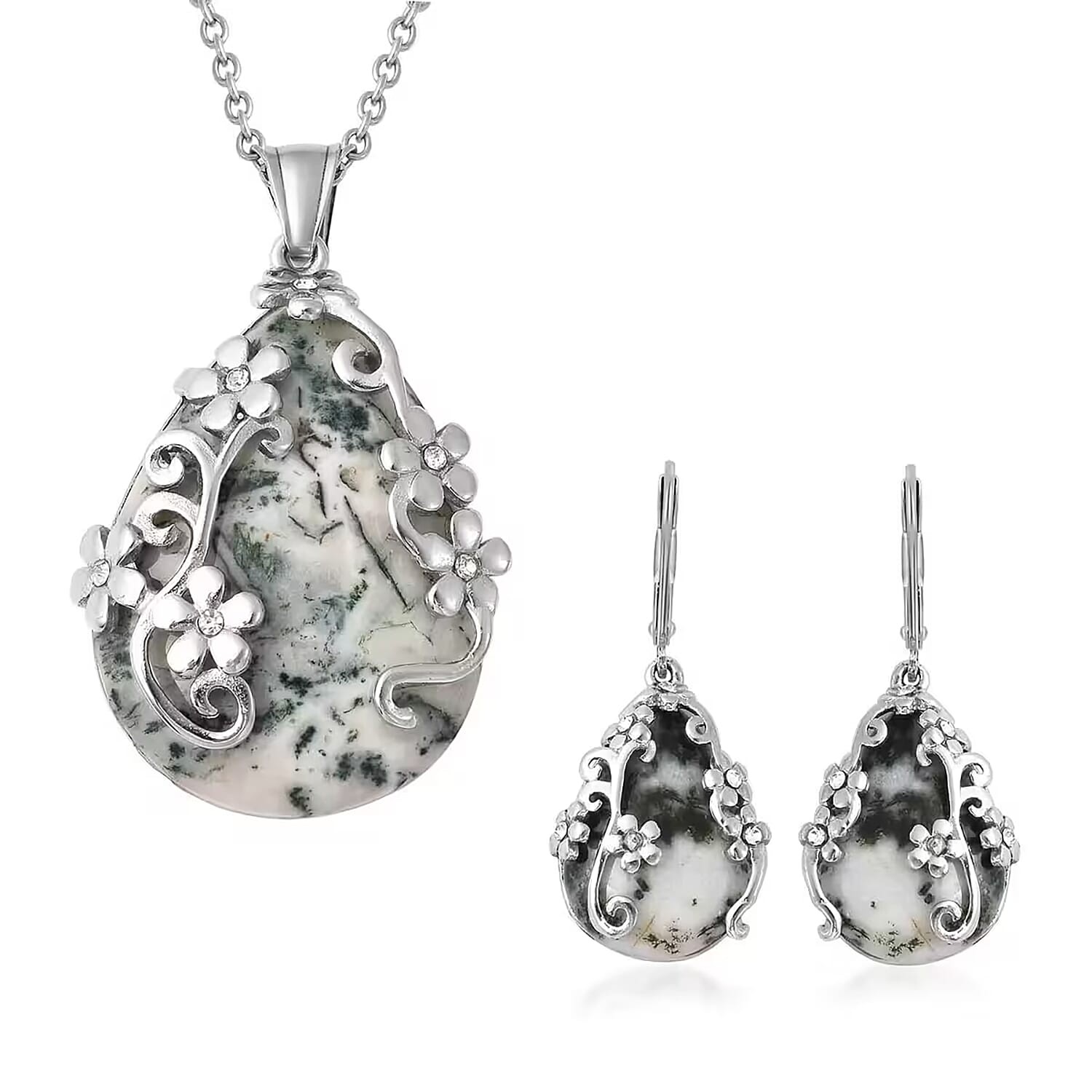 White Crystal Floral Jewelry Set for Women Dendritic Agate Earrings Necklace 20″