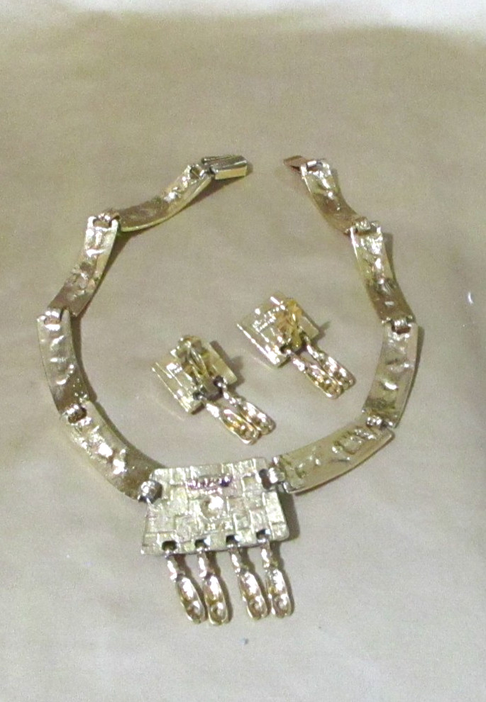 GOLDTONE BLUE ENAMEL NECKLACE & EARRING SET ~ SIGNED ~ MEXICO