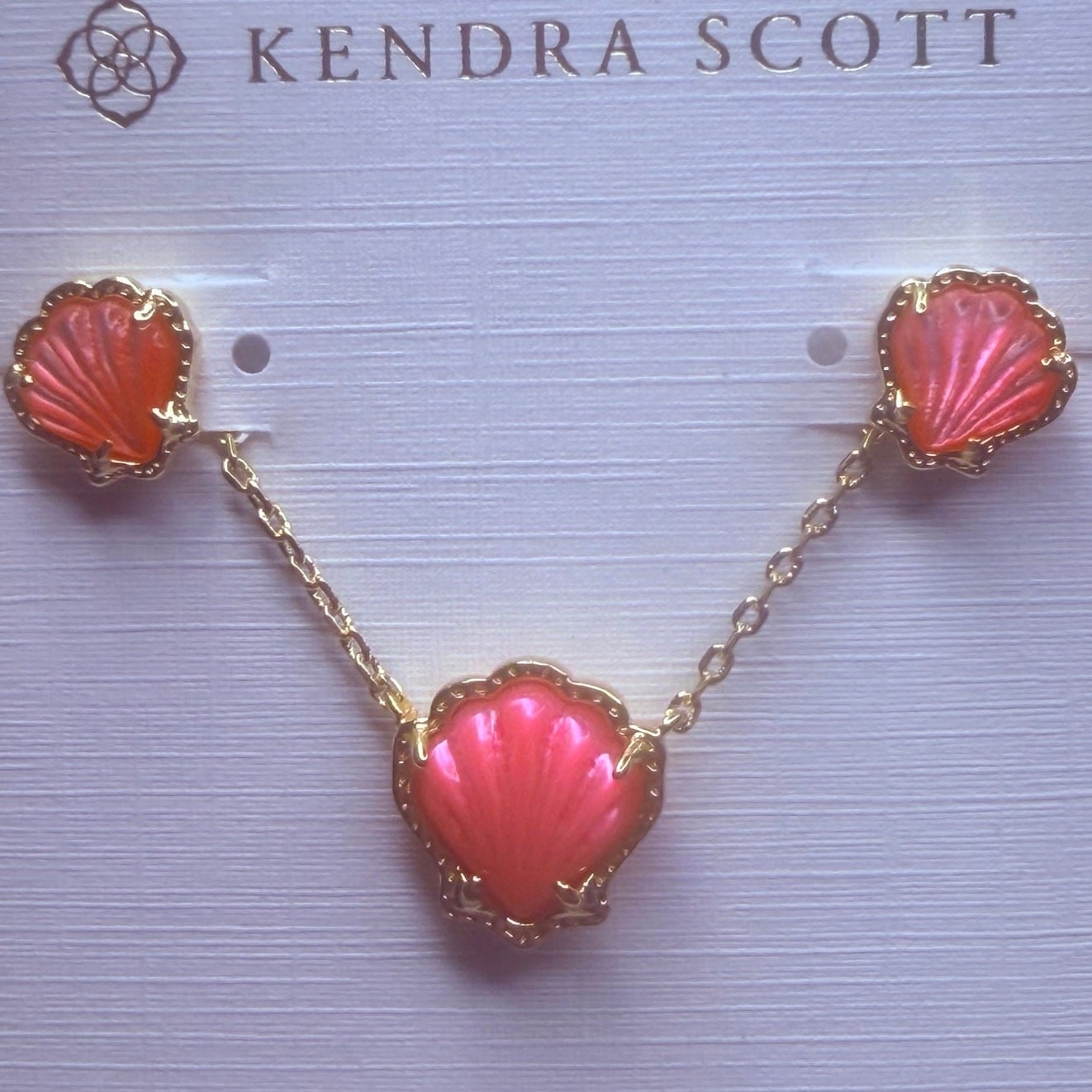 Kendra Scott, seashell necklace, earring, set, gold, and pink