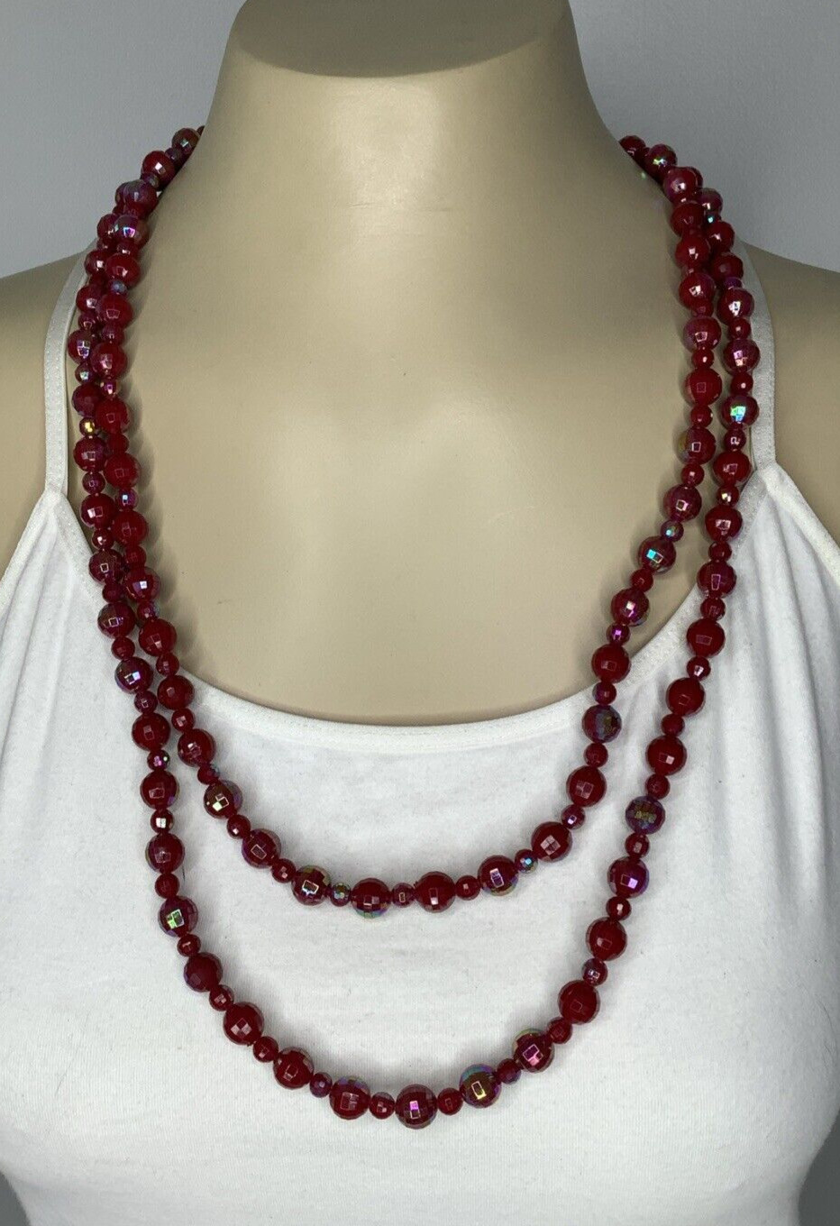 Premier Designs SCARLET Red Faceted Bead Long Necklace 919