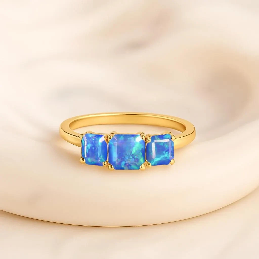 Ethiopian Fire Blue Opal Gemstone Statement Ring, Genuine Opal Gemstone Gold