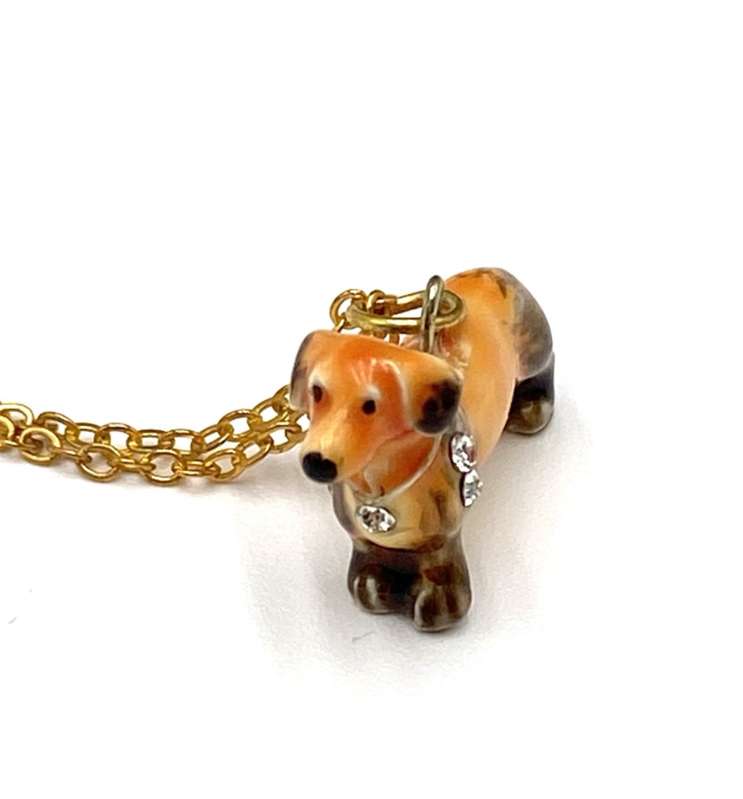 Enamel Ceramic Tiny Dachshund Pendant Necklace 20”