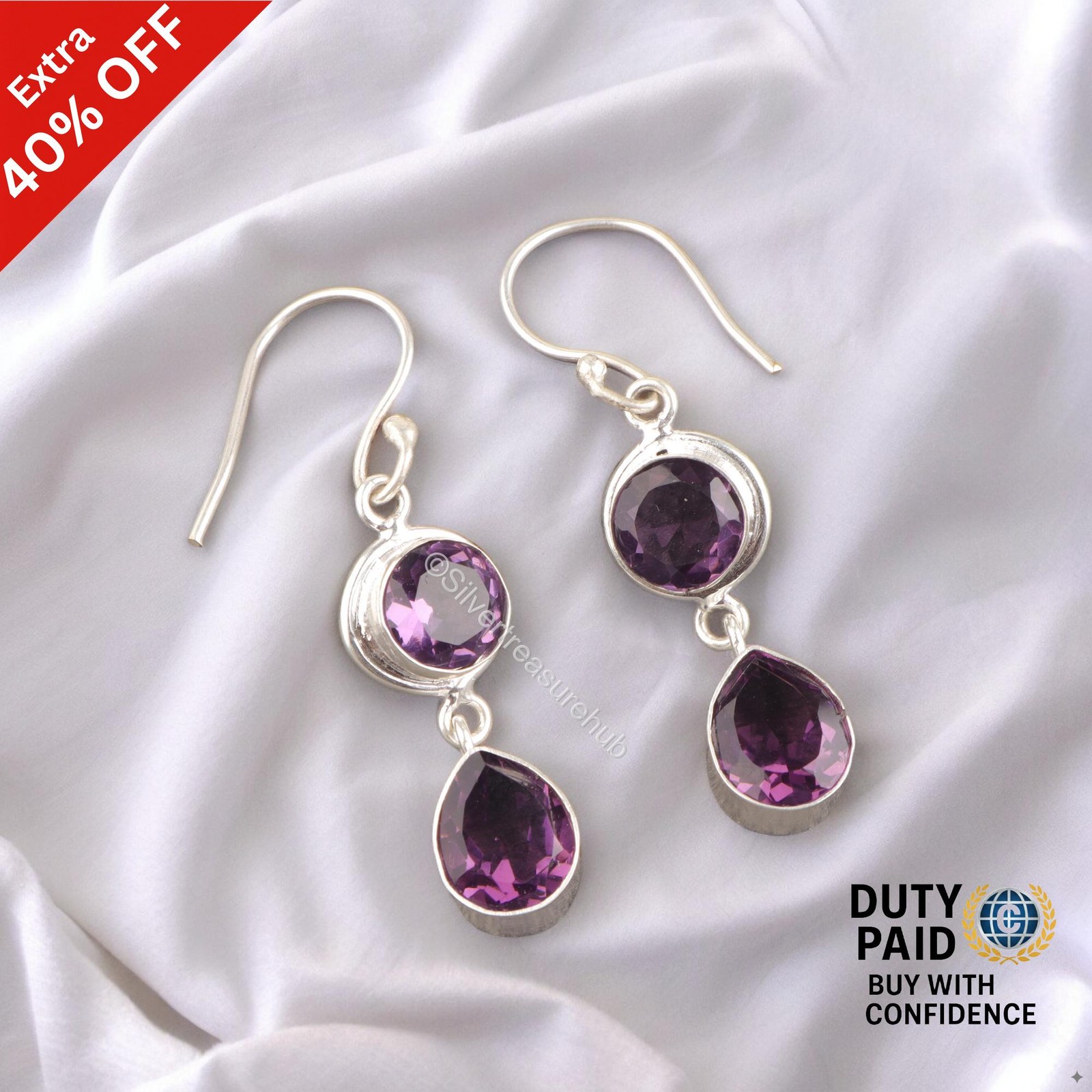 925 Sterling Silver Amethyst Gemstone February Wife Drop Dangle Earrings Jewelry