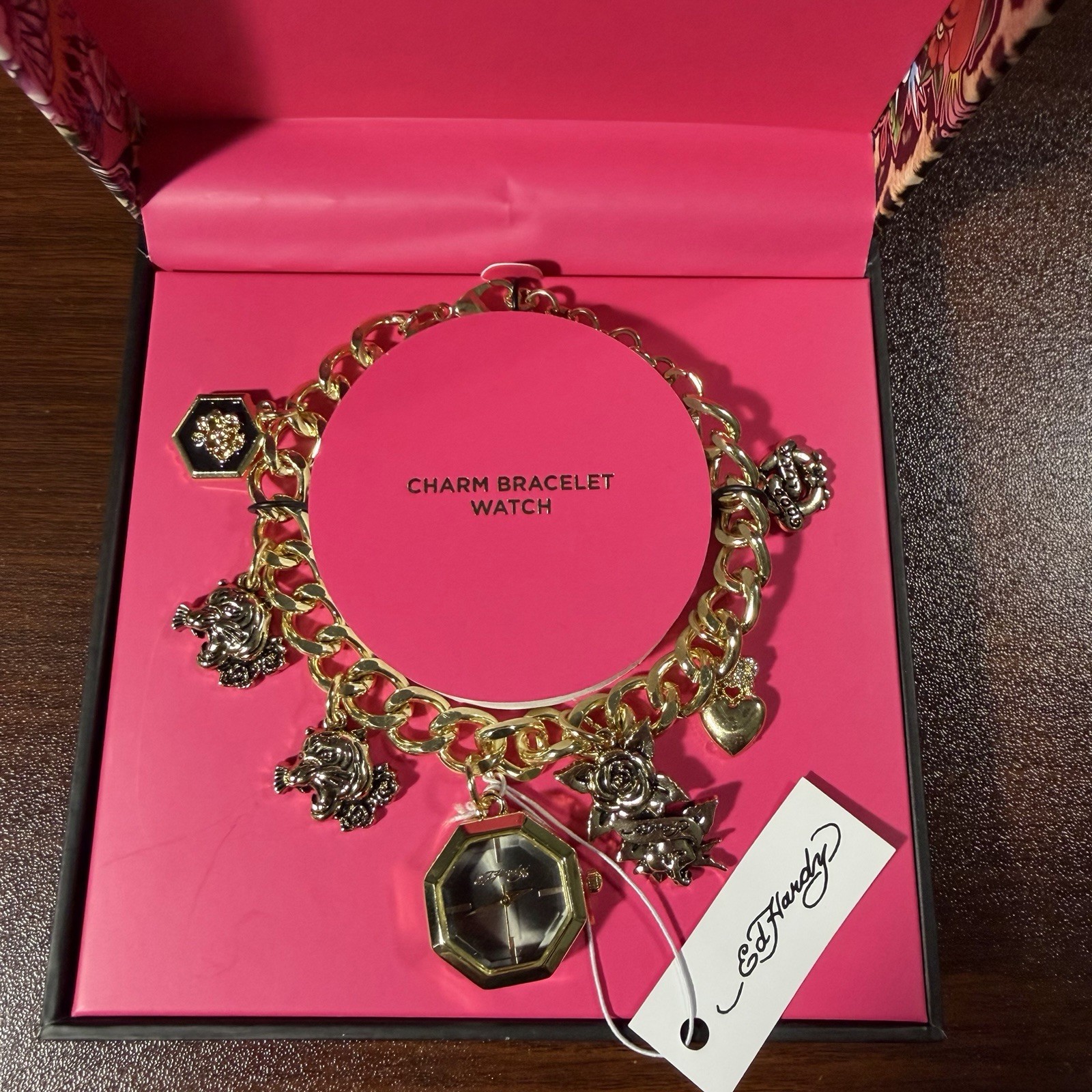 Ed Hardy Women’s Gold Charm All Tattoo Design Bracelet Octagon Watch NWT