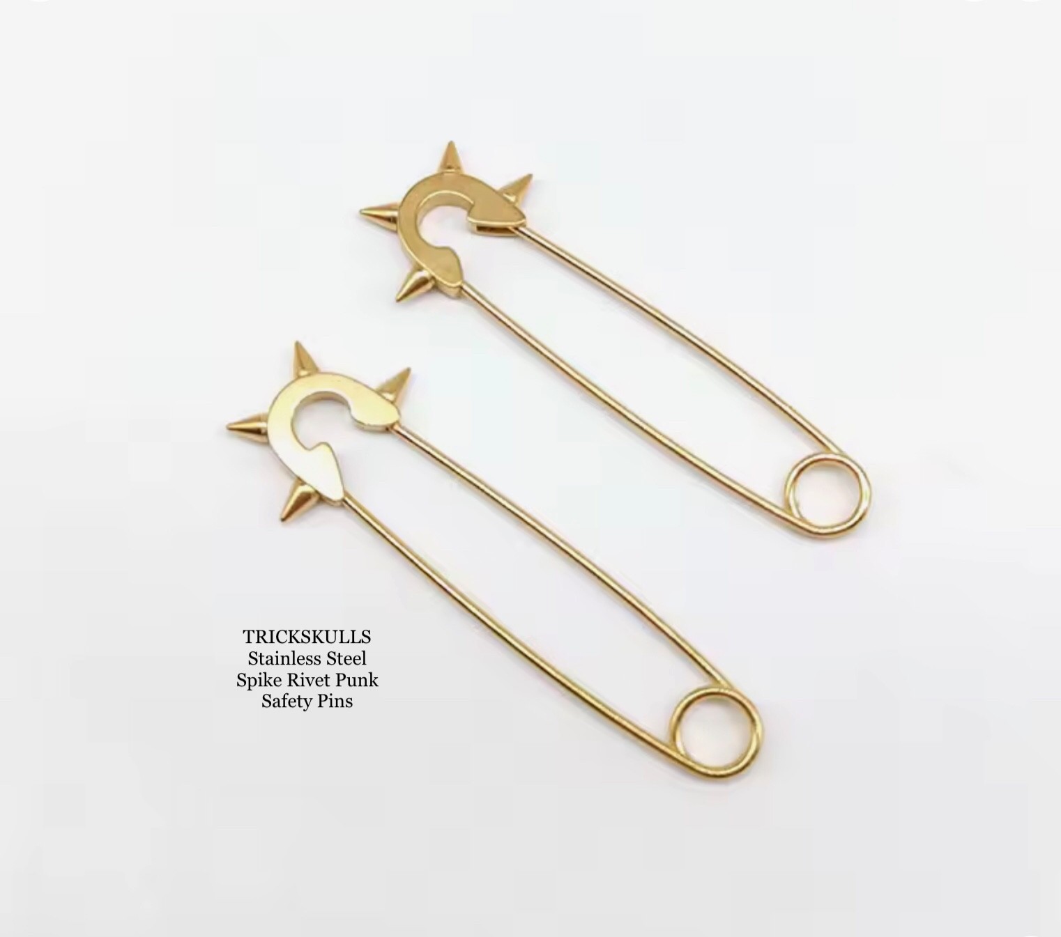 (2) Punk Rivet Spikes Stainless Steel Safety Pins Gold 1 1/2 inch Spiked Retro