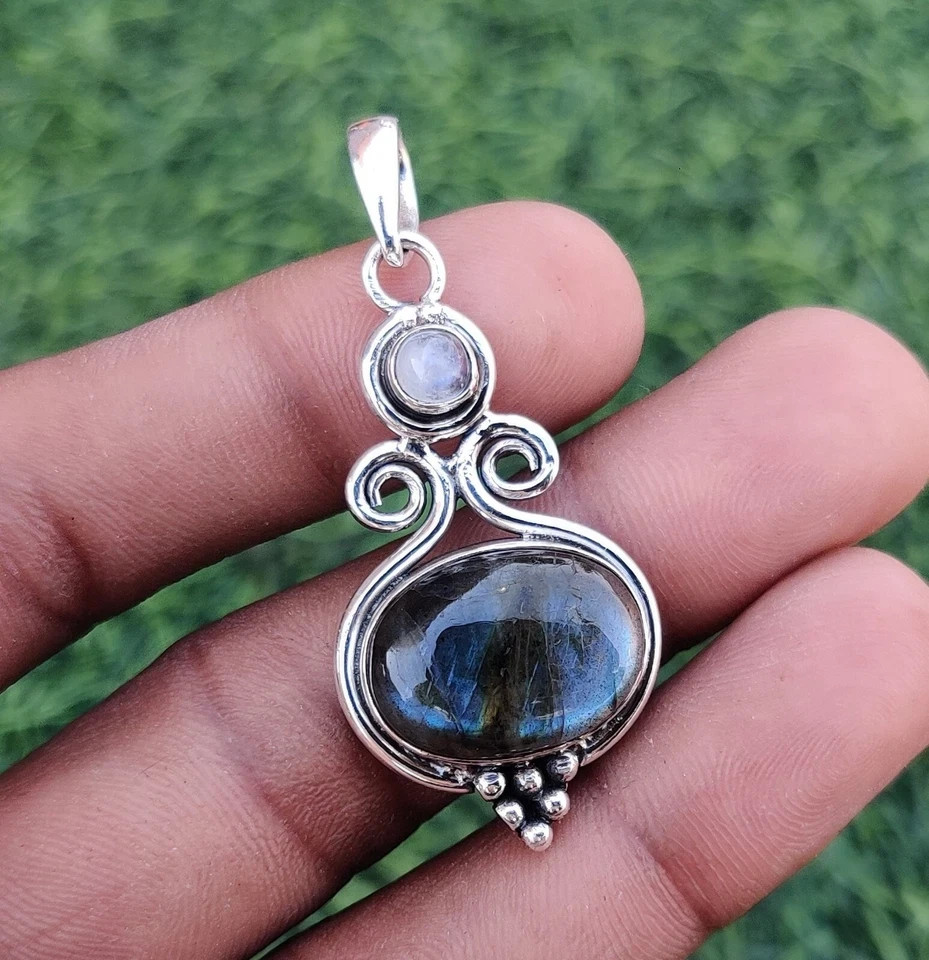 Labradorite & Moonstone Pendant Solid 925 Sterling Silver Gemstone Pendant RK*