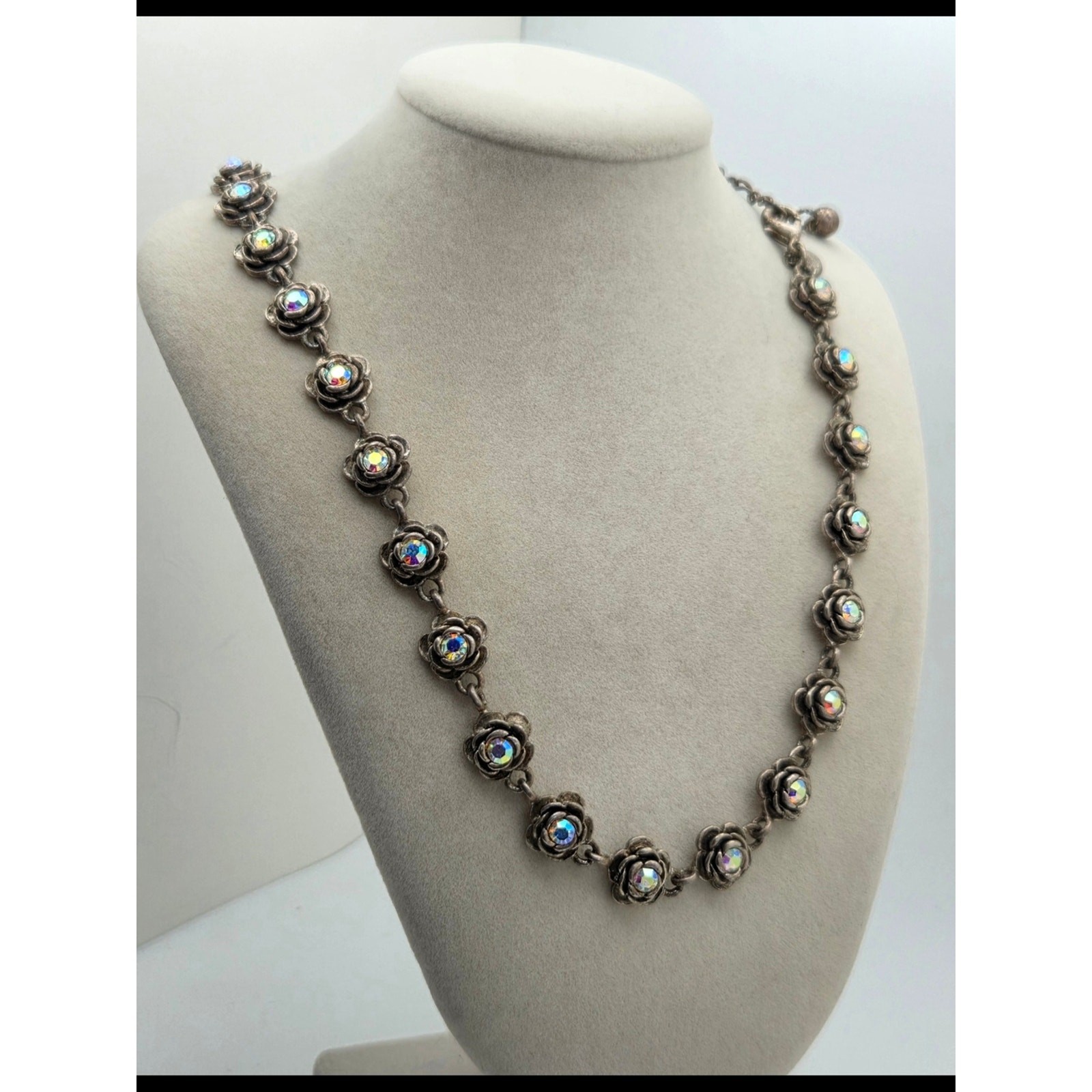 Premier Designs Antiqued Silvertone Rose Link Necklace AB Rhinestones 18″