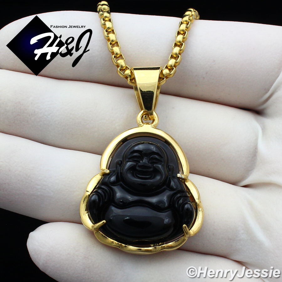 18″-36″Stainless Steel 3mm Gold Plated Box Chain Black Onyx Buddha Pendant*P123